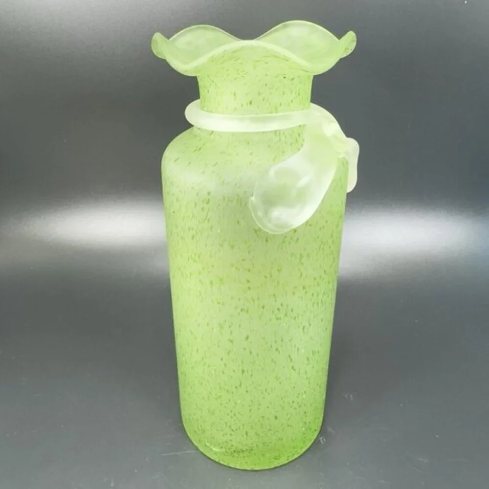 Vintage Frosted Green Spots Art Glass Vase Clear Swirl Top Wavy Edges Vase Glass